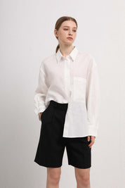 Womens White Cotton-Linen Button Down Shirt