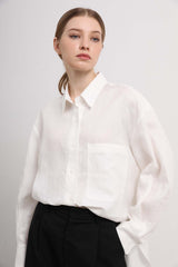 Womens White Cotton-Linen Button Down Shirt