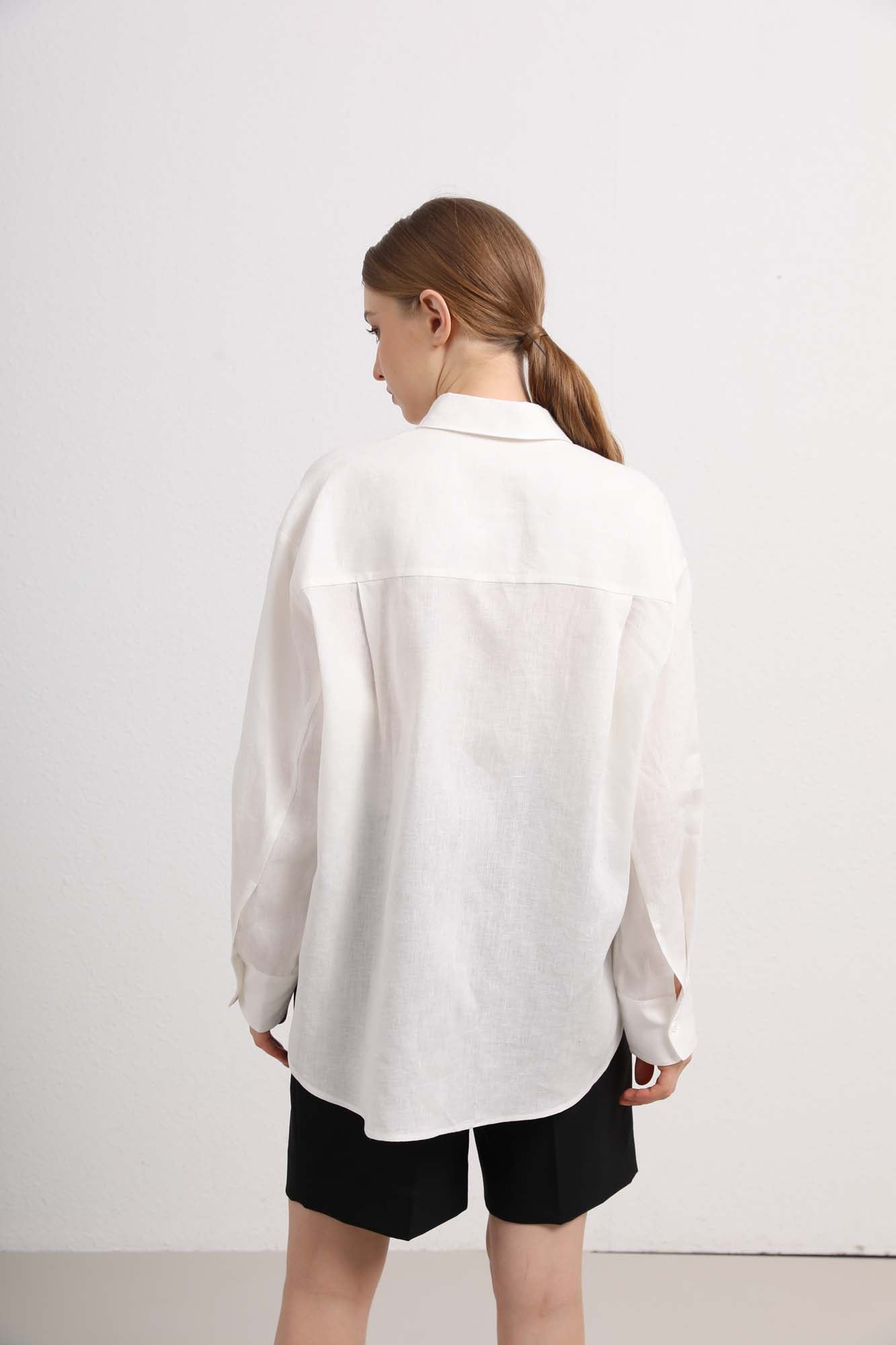 Womens White Cotton-Linen Button Down Shirt