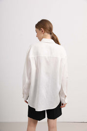 Womens White Cotton-Linen Button Down Shirt