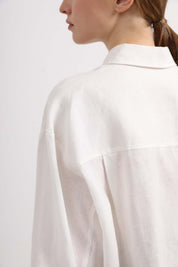 Womens White Cotton-Linen Button Down Shirt