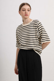 Womens Black and White Striped Short Sleeve Top