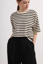 Womens Black and White Striped Short Sleeve Top