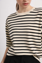 Womens Black and White Striped Short Sleeve Top