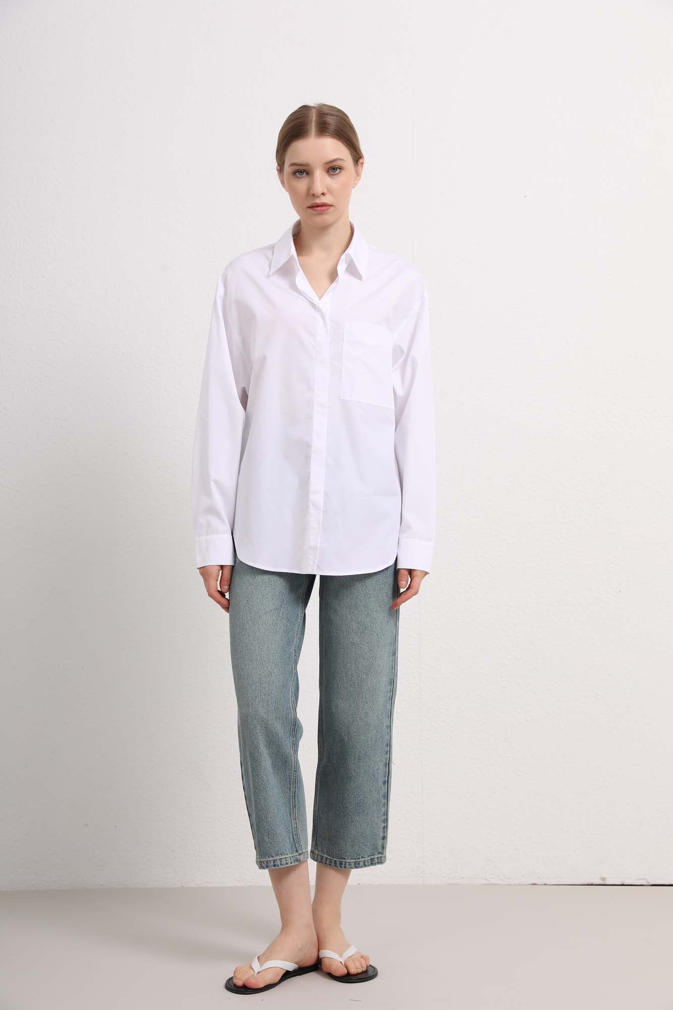 Womens White Cotton Long Sleeve Button Down Shirt
