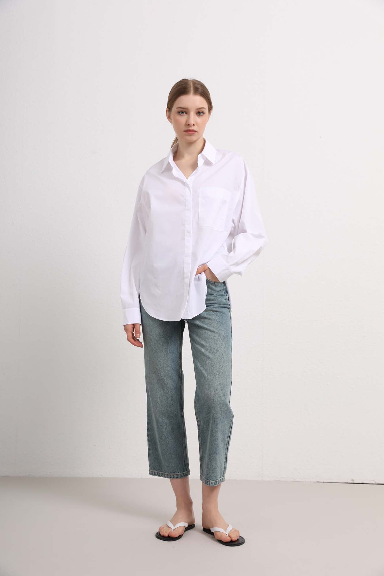 Womens White Cotton Long Sleeve Button Down Shirt