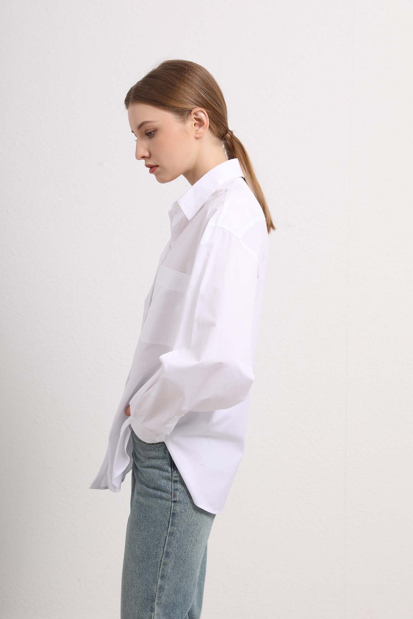 Womens White Cotton Long Sleeve Button Down Shirt